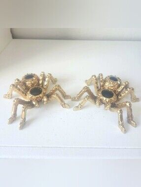 Tahari Gold Metallic Metal Spider  Figurine With Black Jewels Set Of 2